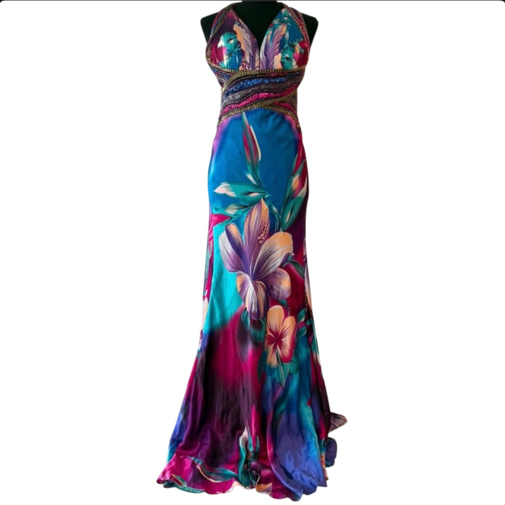 Caché Silk Halter Vibrant Watercolor Floral Beaded Mermaid Maxi Dress Size 6 NWT - Picture 2 of 13